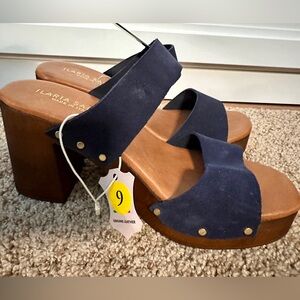 Ilaria Sartoni Platform Block Heel Two Strap Sandals in Navy Blue Suede Leather